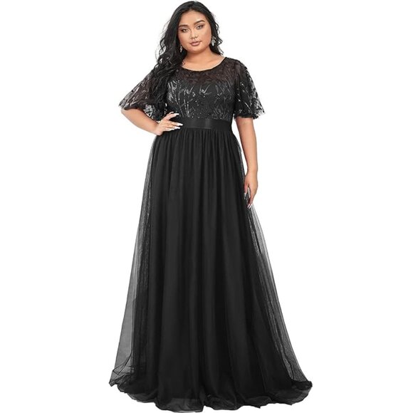 NWT Ever Pretty Black A-Line Tulle Sequin Flutter Sleeve Gown Long Formal Dress - Picture 11 of 11